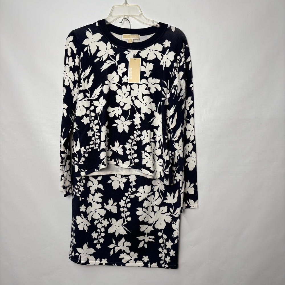 Michael Kors Womens Floral Sweater Skirt Set Navy White XL Career Sophistocated
